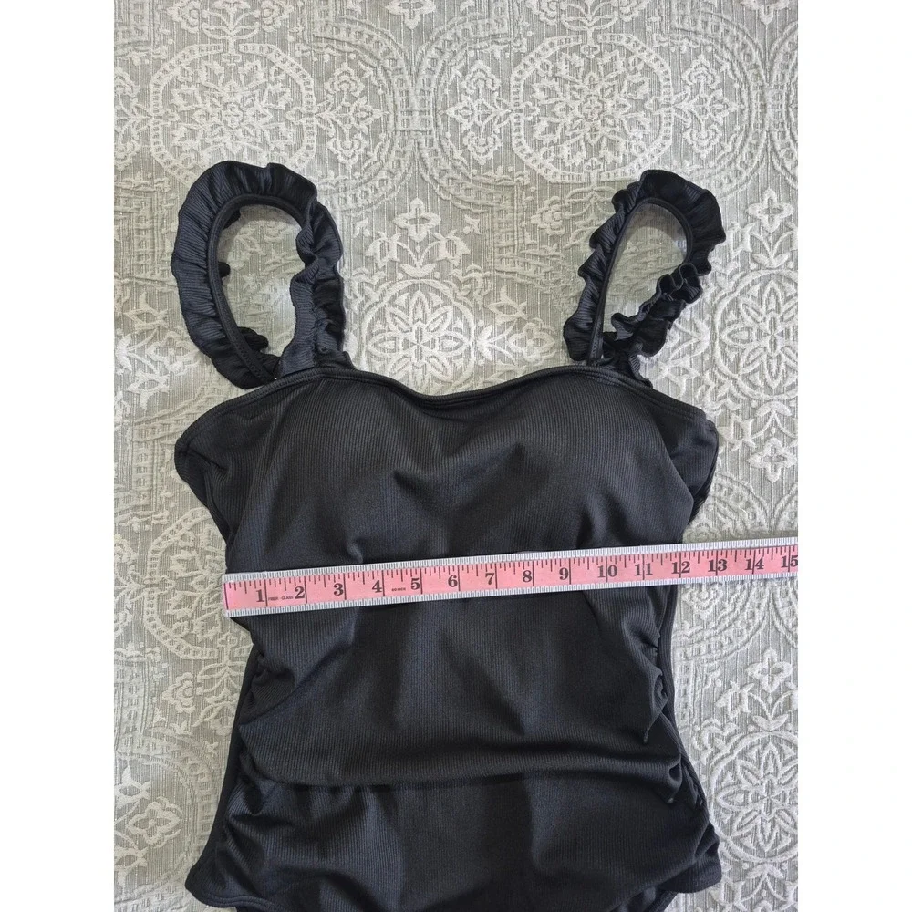 Eomenie Black Ribbed One Piece Swimsuit Ruffle Strap Medium‎ NEW